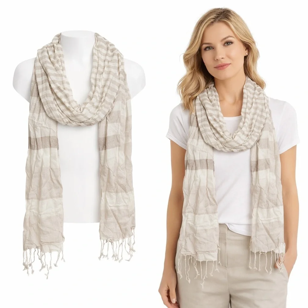 Gianmarco Venturi | Beige Stripe Lightweight Scarf 100% Viscose Fringe Wrap
